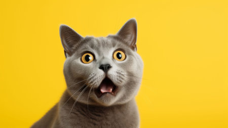Surprised British Shorthair Cat on Yellow Background. Generative ai. High quality illustrationの素材