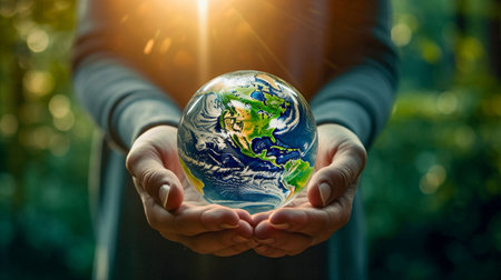 Human Hands Holding a Small Globe with Care. Generative ai. High quality illustrationの素材