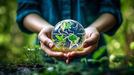 Human Hands Holding a Small Globe with Care. Generative ai. High quality illustrationの素材