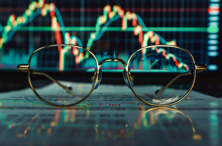 Financial Analysis Through Glasses on Trading Chart. Generative ai. High quality illustrationの素材