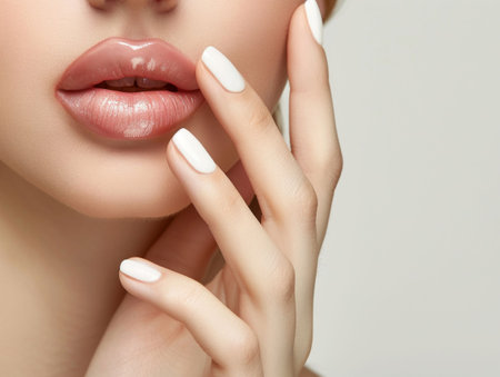 Sensual Lips and Elegant Manicure on Pink Background. Generative ai. High quality illustrationの素材