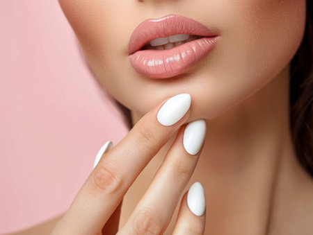 Sensual Lips and Elegant Manicure on Pink Background. Generative ai. High quality illustrationの素材
