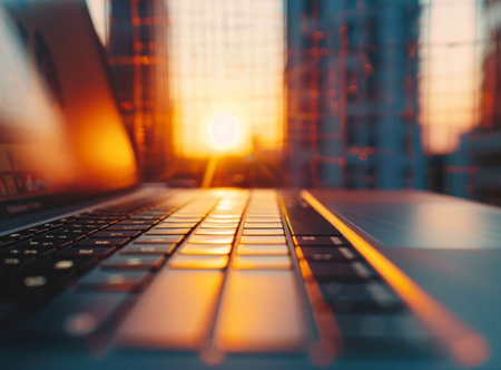 Sunset Work Hours: Laptop Keyboard with City Backdrop. Generative ai. High quality illustrationの素材