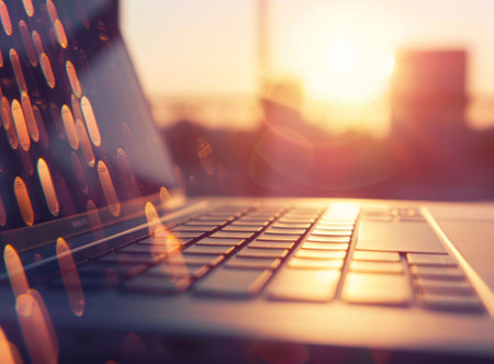 Sunset Work Hours: Laptop Keyboard with City Backdrop. Generative ai. High quality illustrationの素材