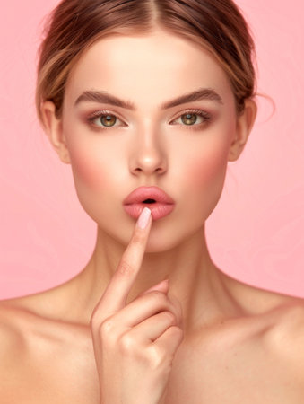 Elegant Beauty Gesture on Pink Background. Generative ai. High quality illustrationの素材