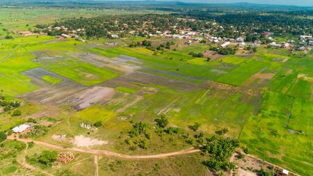 Aerial view of endless lush pastures and farmlands of morogoro town, Tanzaniaの写真素材