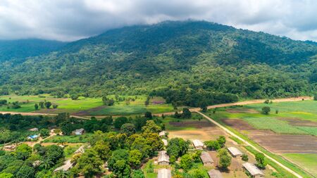 Aerial view of endless lush pastures and farmlands of morogoro town, Tanzaniaの写真素材