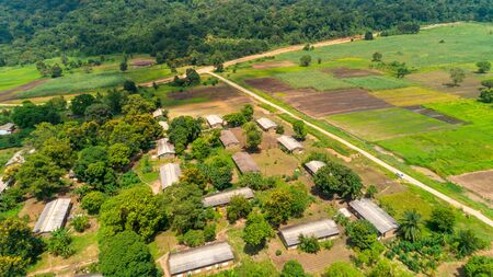 Aerial view of endless lush pastures and farmlands of morogoro town, Tanzaniaの写真素材