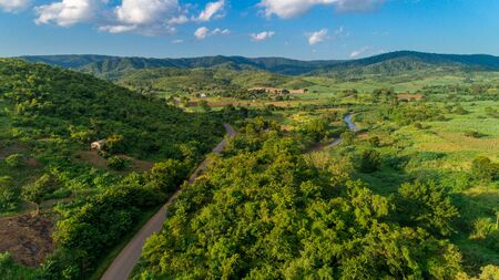Aerial view of endless lush pastures and farmlands of morogoro town, Tanzaniaの写真素材