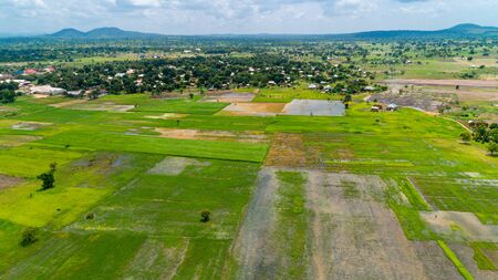 Aerial view of endless lush pastures and farmlands of morogoro town, Tanzaniaの写真素材