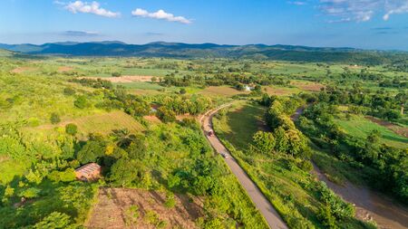 Aerial view of endless lush pastures and farmlands of morogoro town, Tanzaniaの写真素材