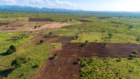 Aerial view of endless lush pastures and farmlands of morogoro town, Tanzania