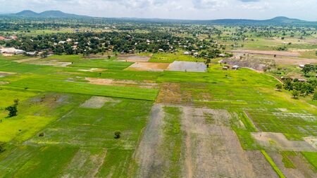 Aerial view of endless lush pastures and farmlands of morogoro town, Tanzaniaの写真素材