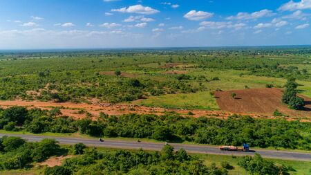 Aerial view of endless lush pastures and farmlands of morogoro town, Tanzaniaの写真素材
