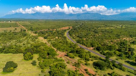 Aerial view of endless lush pastures and farmlands of morogoro town, Tanzaniaの写真素材