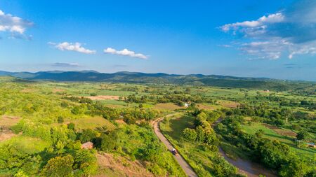 Aerial view of endless lush pastures and farmlands of morogoro town, Tanzaniaの写真素材