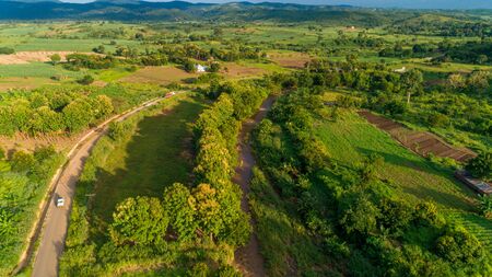 Aerial view of endless lush pastures and farmlands of morogoro town, Tanzaniaの写真素材