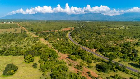 Aerial view of endless lush pastures and farmlands of morogoro town, Tanzaniaの写真素材
