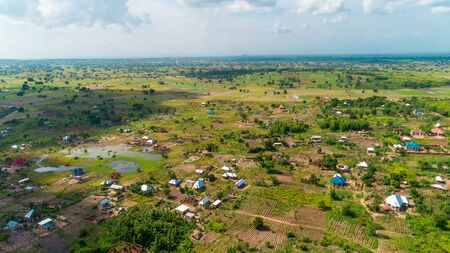 Aerial view of endless lush pastures and farmlands of morogoro town, Tanzaniaの写真素材