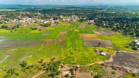 Aerial view of endless lush pastures and farmlands of morogoro town, Tanzaniaの写真素材