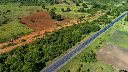 Aerial view of endless lush pastures and farmlands of morogoro town, Tanzaniaの写真素材