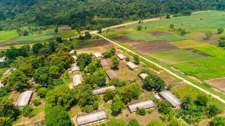 Aerial view of endless lush pastures and farmlands of morogoro town, Tanzaniaの写真素材