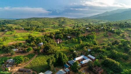 Aerial view of endless lush pastures and farmlands of morogoro town, Tanzaniaの写真素材