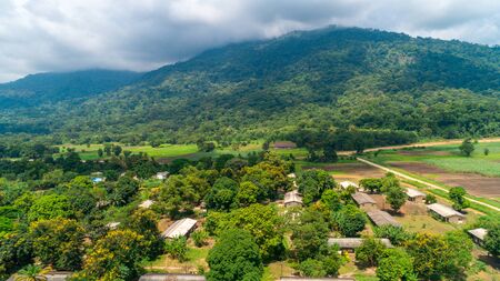 Aerial view of endless lush pastures and farmlands of morogoro town, Tanzaniaの写真素材