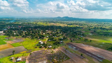 Aerial view of endless lush pastures and farmlands of morogoro town, Tanzaniaの写真素材