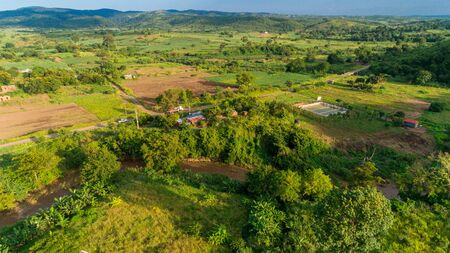 Aerial view of endless lush pastures and farmlands of morogoro town, Tanzaniaの写真素材
