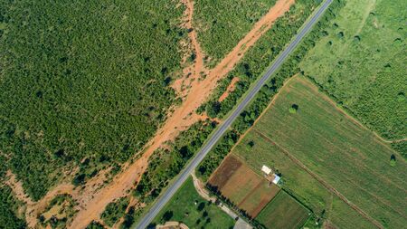 Aerial view of endless lush pastures and farmlands of morogoro town, Tanzaniaの写真素材