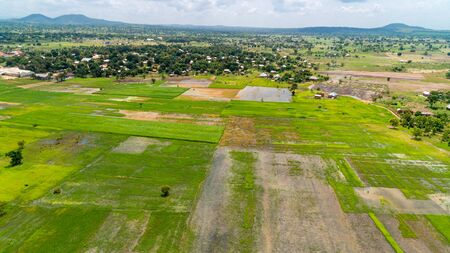 Aerial view of endless lush pastures and farmlands of morogoro town, Tanzaniaの写真素材