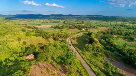 Aerial view of endless lush pastures and farmlands of morogoro town, Tanzaniaの写真素材