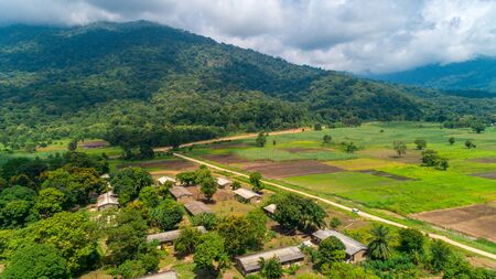 Aerial view of endless lush pastures and farmlands of morogoro town, Tanzaniaの写真素材