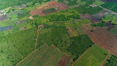 Aerial view of endless lush pastures and farmlands of morogoro town, Tanzaniaの写真素材