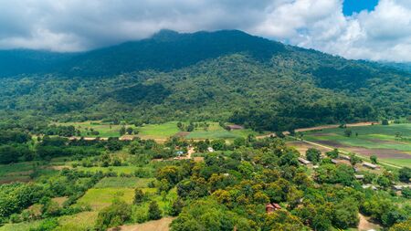 Aerial view of endless lush pastures and farmlands of morogoro town, Tanzaniaの写真素材
