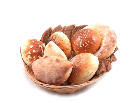 Basket of bread on a white backgroundの写真素材
