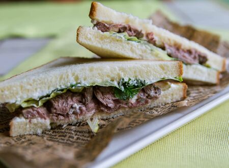 Sandwich with beef, lettuce and parsley on vintage newspaper close-upの写真素材