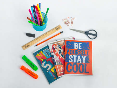 Various stationery for elementary school classes. Children education. Stay cool. Top view, close up. Editorial photoのeditorial素材
