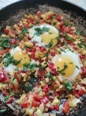 Traditional Israeli shukshuka breakfast. Close up, selective focus. Brutal cookingの写真素材
