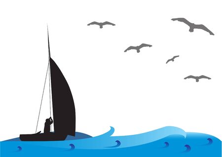 Fishing boat on the sea with birds on the sky.のイラスト素材