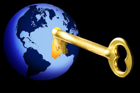 Golden key opening blue globe with world map on blackの写真素材