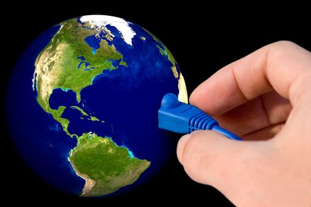 Network cable connected to internet symbolized by a globe