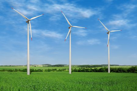 Turbines of a wind farm in rural countryside.の写真素材