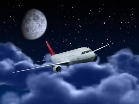 Dream flight concept - Passenger airplane flying above night cloudy sky.の写真素材