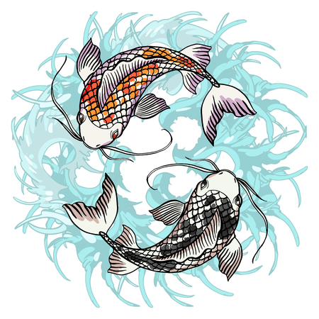 Realistic detailed hand drawn illustration of two koi carps swimming on background of water waves. Colorful graphic tattoo style image symbolising yin yang concept. T-shirt print.のイラスト素材