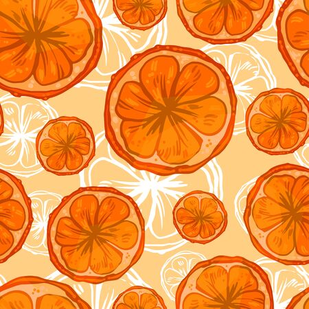 Hand drawn tile pattern with slices of oranges and white contour background. Food theme art.のイラスト素材