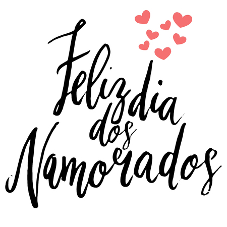 Feliz Dia dos Namorados Happy Valentines day hand written brush lettering with small heart design.のイラスト素材
