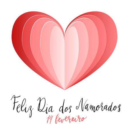 Feliz Dia dos Namorados, Happy Valentine's day hand written brush lettering with paper cut style heart design.のイラスト素材