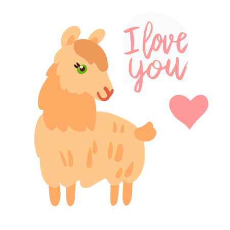 Happy Valentine's day, cute llama flat illustration with hand written lettering I love you and hearts isolated on white.のイラスト素材